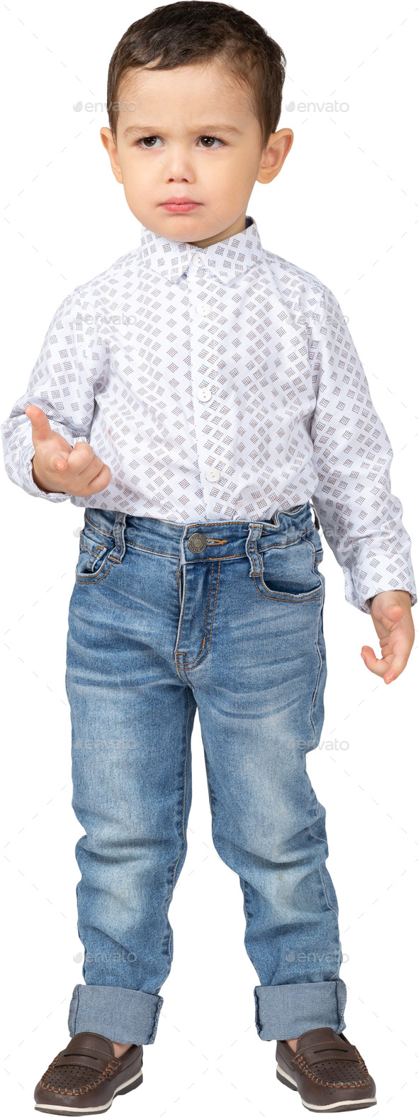 a little boy wearing jeans and a shirt and a shoe Stock Photo by Icons8