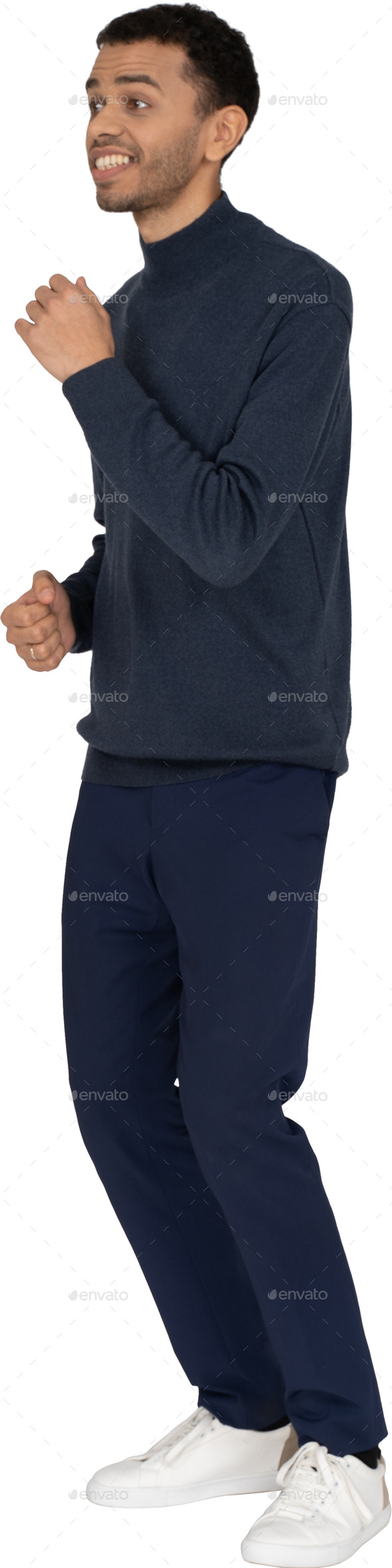 a man in a blue sweatshirt and navy pants is dancing