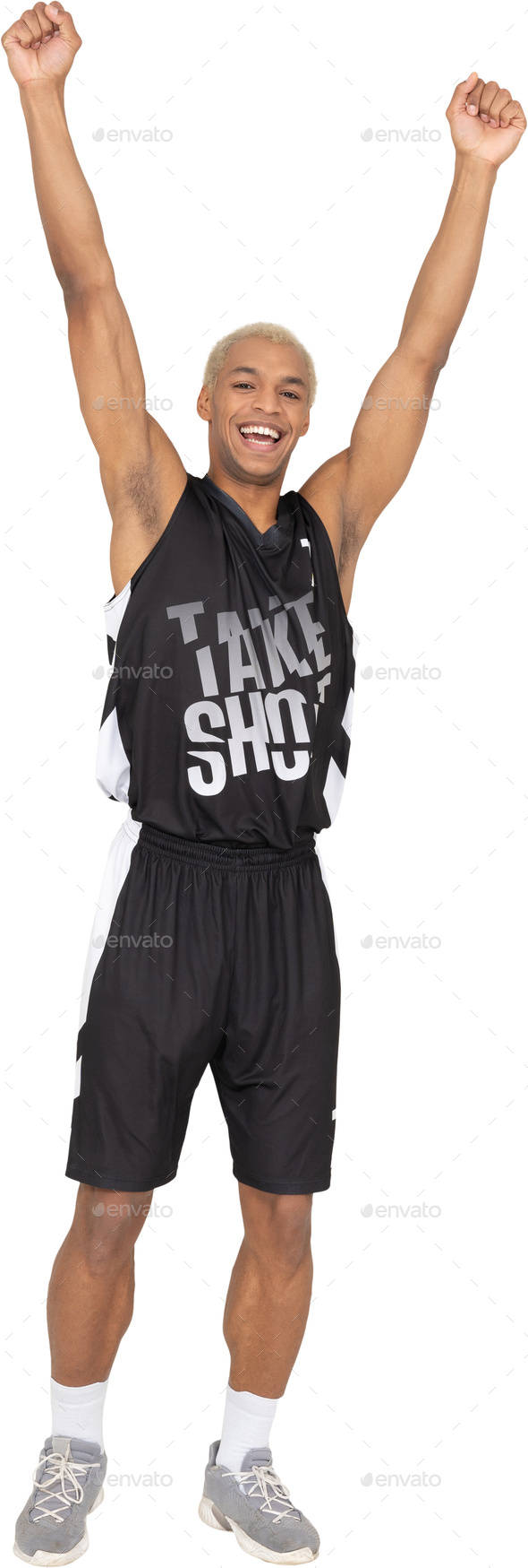 a man wearing a tank top and basketball shorts with his arms in the air