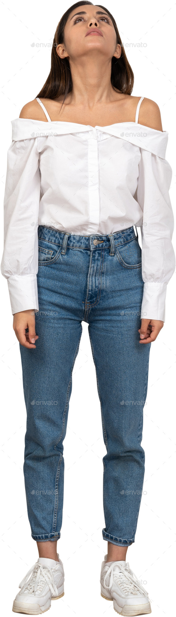 white off the shoulder shirt and blue jeans