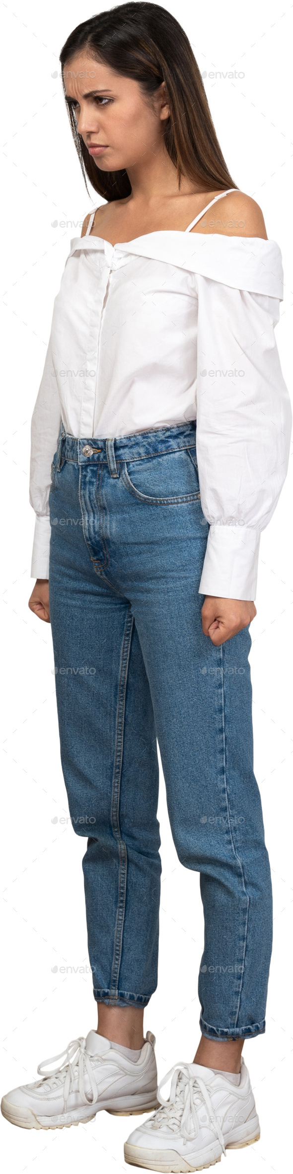 a woman wearing jeans and a white off the shoulder shirt