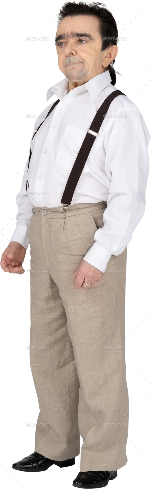 a man in a white shirt and brown pants with suspenders Stock Photo by Icons8