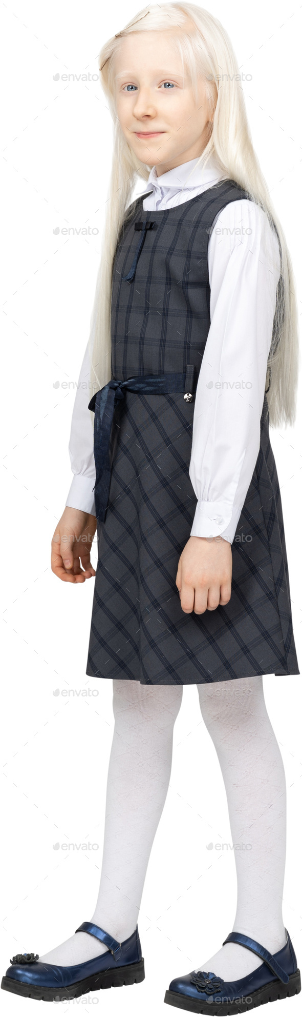 a little girl is wearing a school uniform and shoes Stock Photo by Icons8