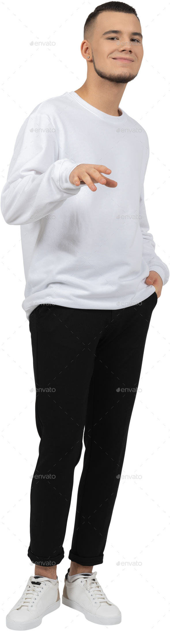 a woman in a white sweatshirt and black pants