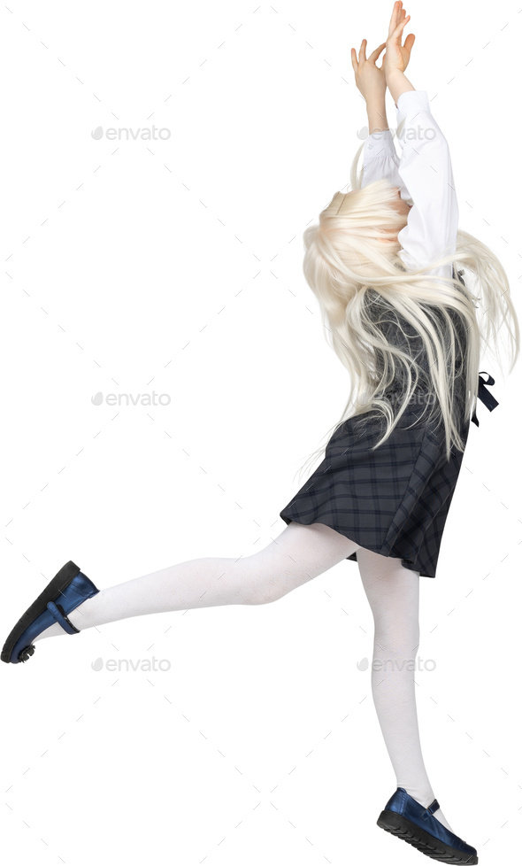 a woman with long blonde hair and white tights and a black and white dress  Stock Photo by Icons8