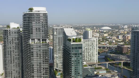  Aerial Shot of Tops of Modern Business Buildings with Offices, Miami USA alt