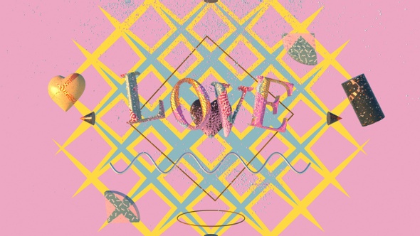 Word LOVE with geometric elements floating. particles collide with them in a mix of colors