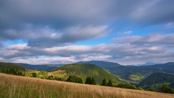 Rural landscape in the Carpathians with moving dense clouds, dry grassy meadow. alt