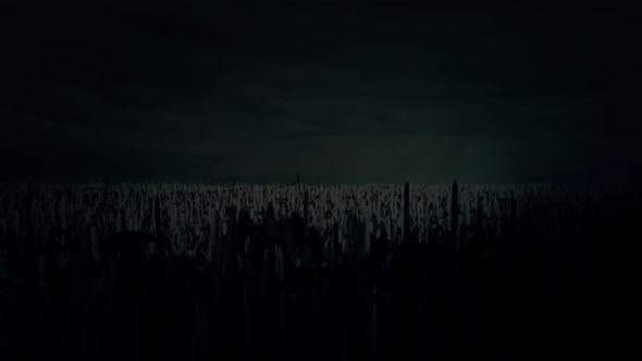 Thousands of Medieval Warriors Marching to War Under a Storm Waving Their Weapon alt
