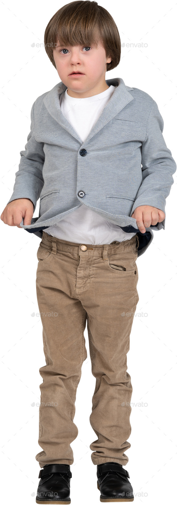 a young boy wearing a blue jacket and brown pants Stock Photo by Icons8