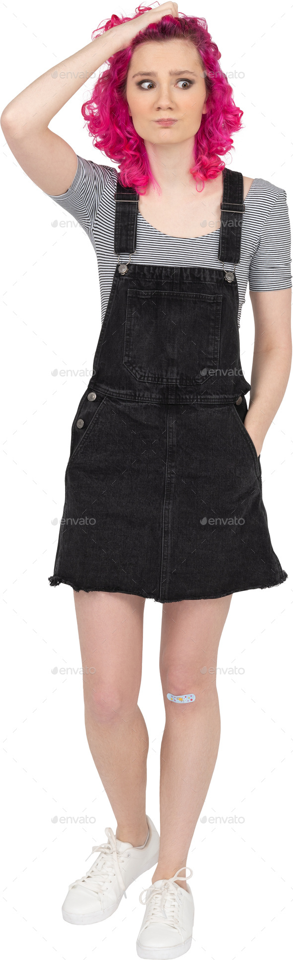 a woman with pink hair is wearing a black denim skirt
