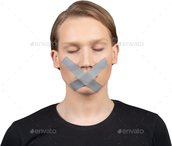 a woman with an adhesive tape over her mouth