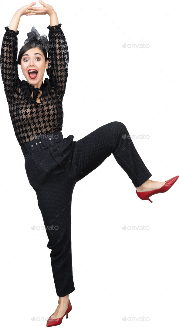 a woman with her leg up in the air