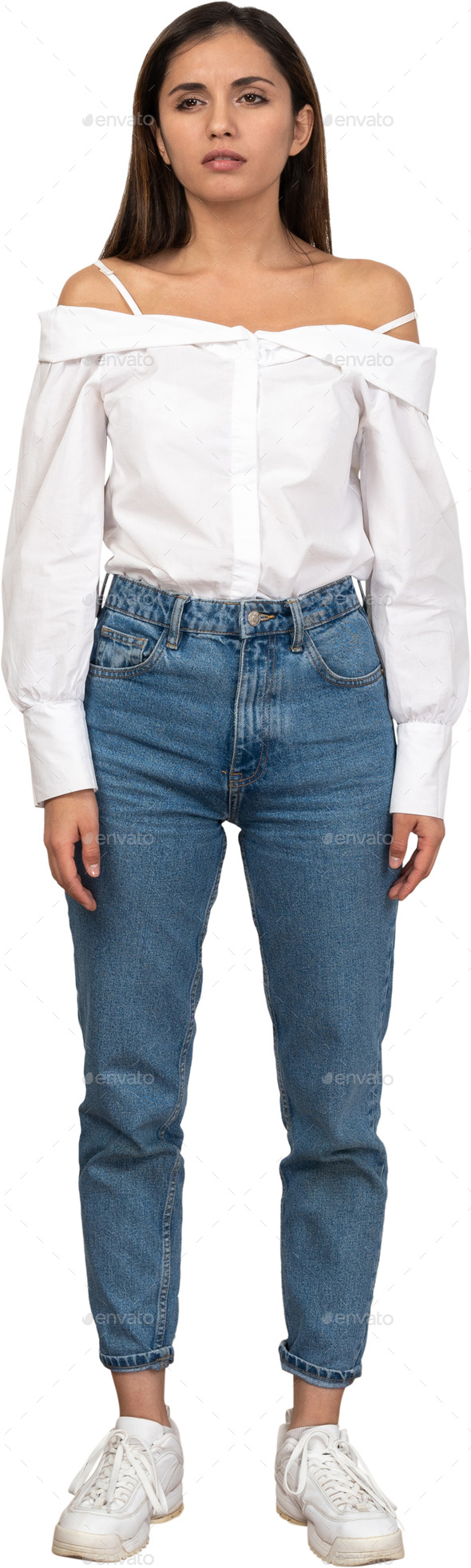 white off the shoulder shirt and blue jeans