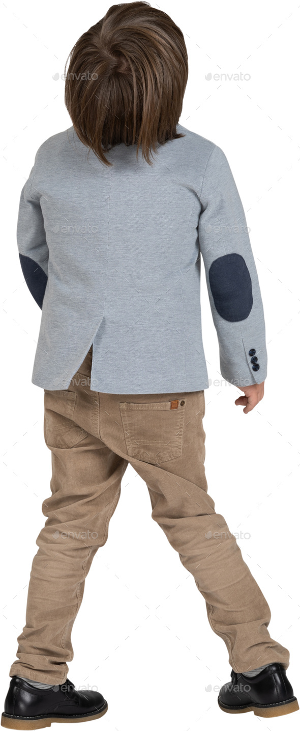 a young boy wearing a blue sweatshirt and khaki pants