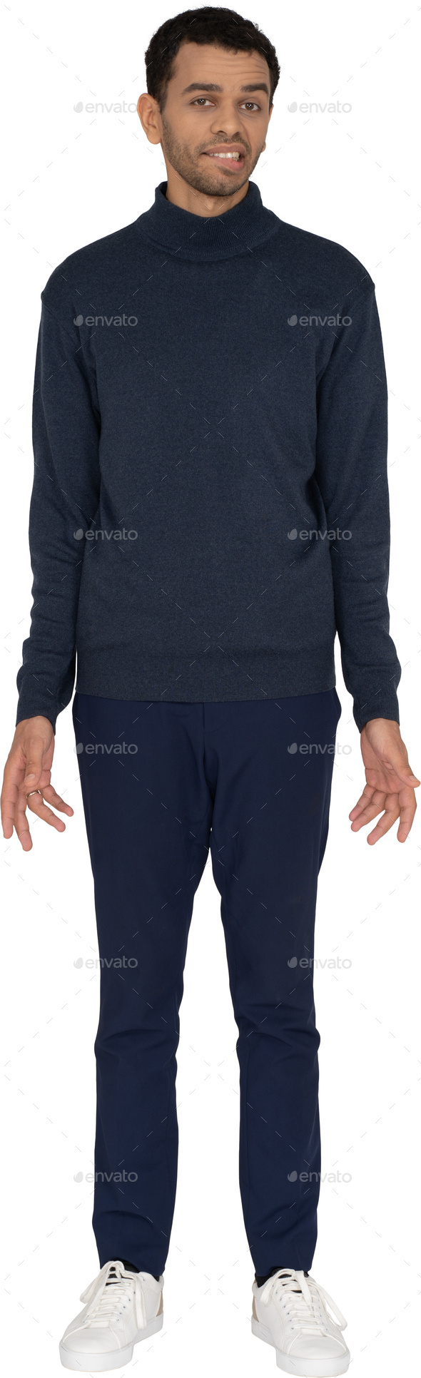 a man wearing a blue sweatshirt and blue pants with his hands out
