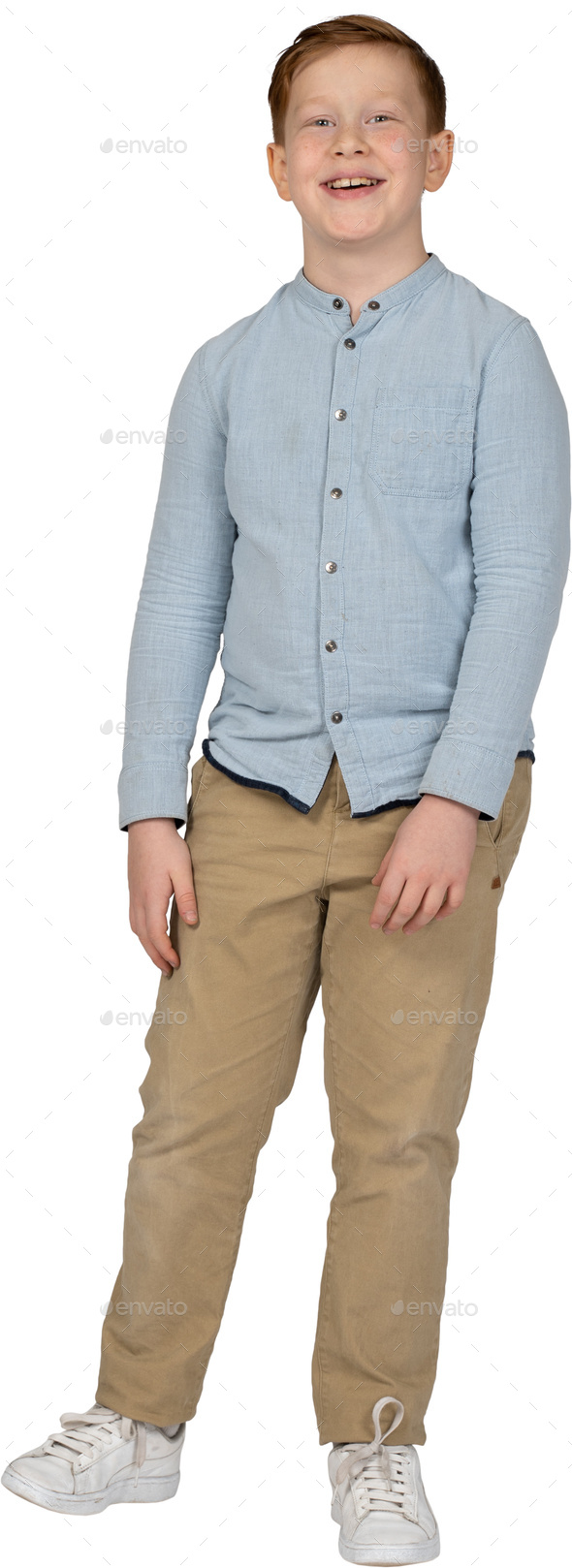 a young boy wearing a blue shirt and khaki pants Stock Photo by Icons8