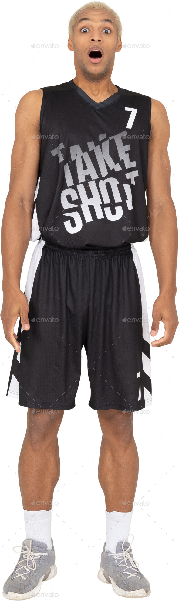 a man wearing black and white basketball shorts and a tank top