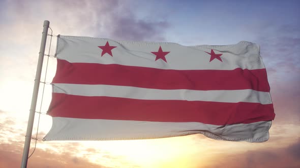 District of Columbia Flag Waving in the Wind Sky and Sun Background alt