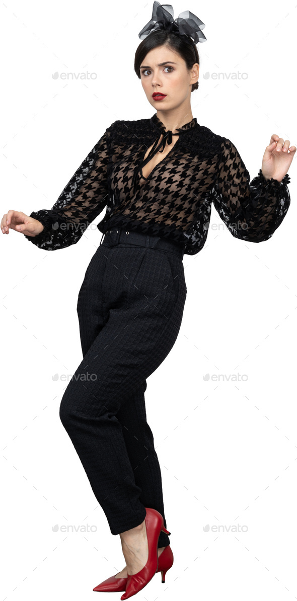 Woman Wearing Pink Off-shoulder Shirt And Black Pants While Standing Near  Wall Picture. Image: 118386193