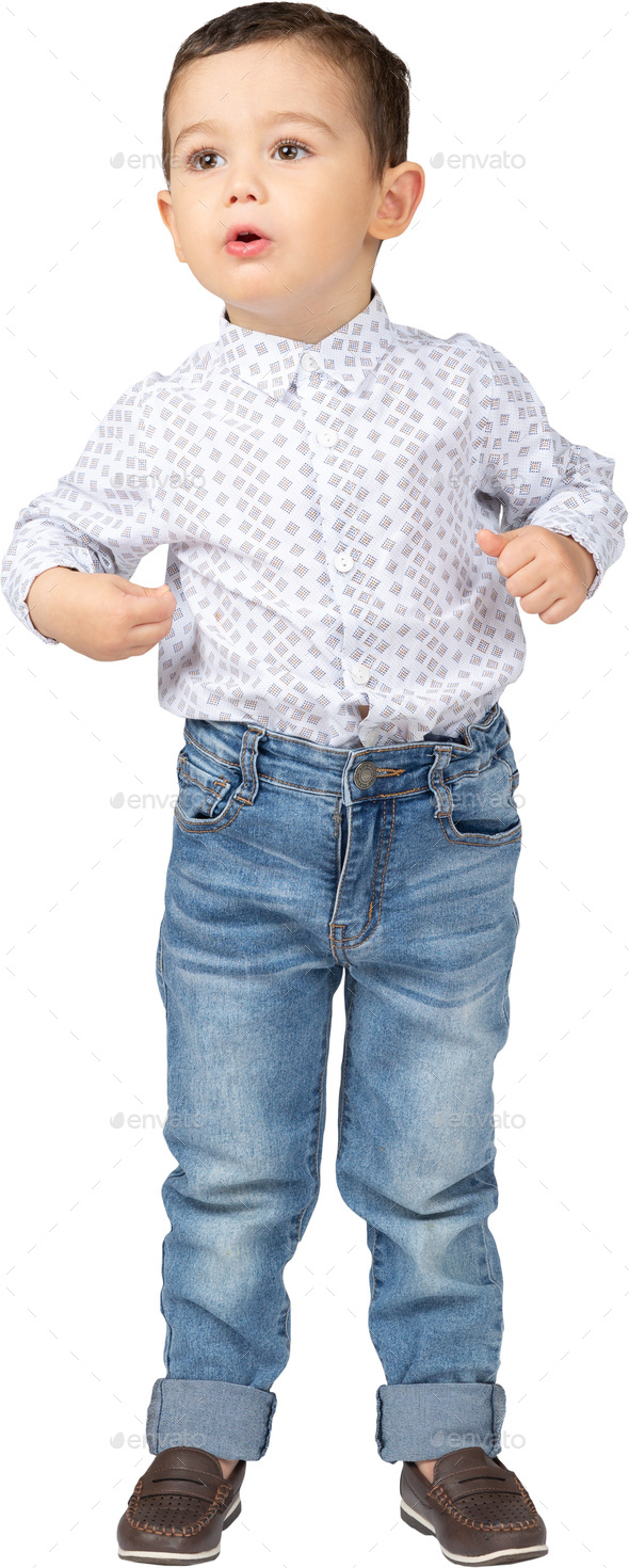 A Little Boy Wearing Blue Jeans And A White Shirt And Stock Photo By Icons8