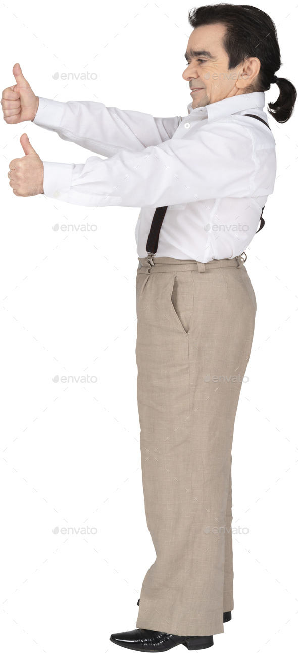an older woman wearing a blue shirt and brown pants Stock Photo by Icons8