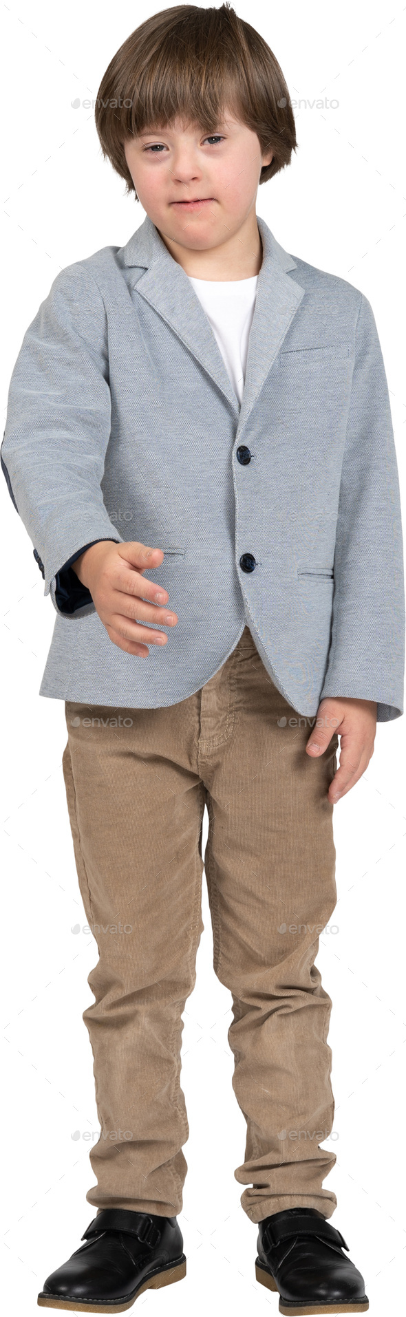 a young boy wearing a blue jacket and brown pants Stock Photo by Icons8