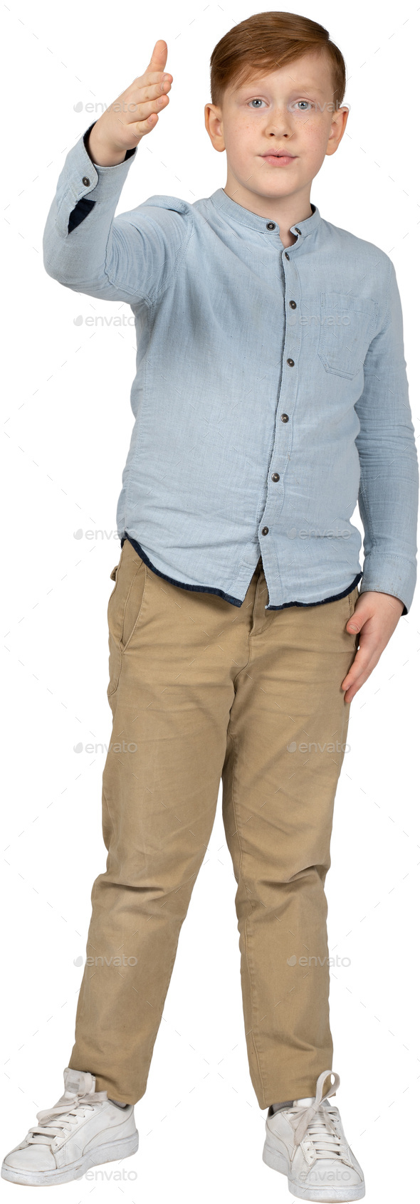 A Young Boy Wearing A Blue Shirt And Khaki Pants Stock Photo By Icons8