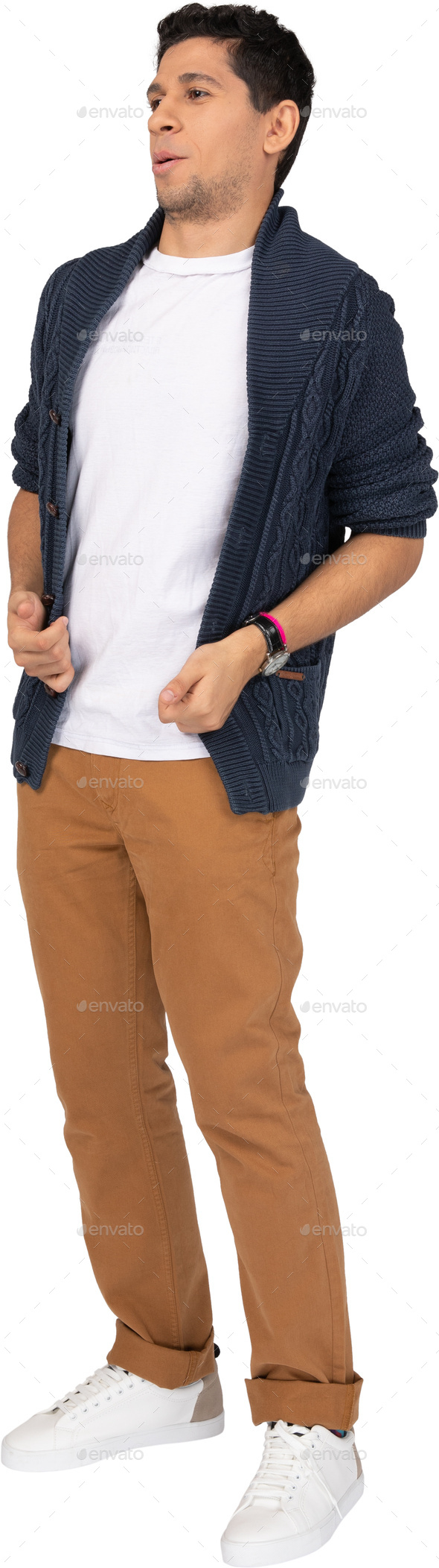 Business Young Man Dark Short Hair Dressed In A White Shirt Dark Blue  Jacket And Light Brown Pants With A Waist Belt Wearing A Wrist Watch  Standing Outdoors Near A Glass Office