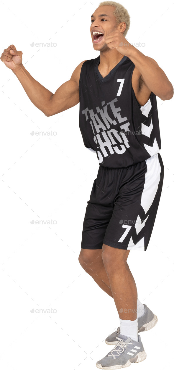 a man wearing black basketball shorts and a black and white tank