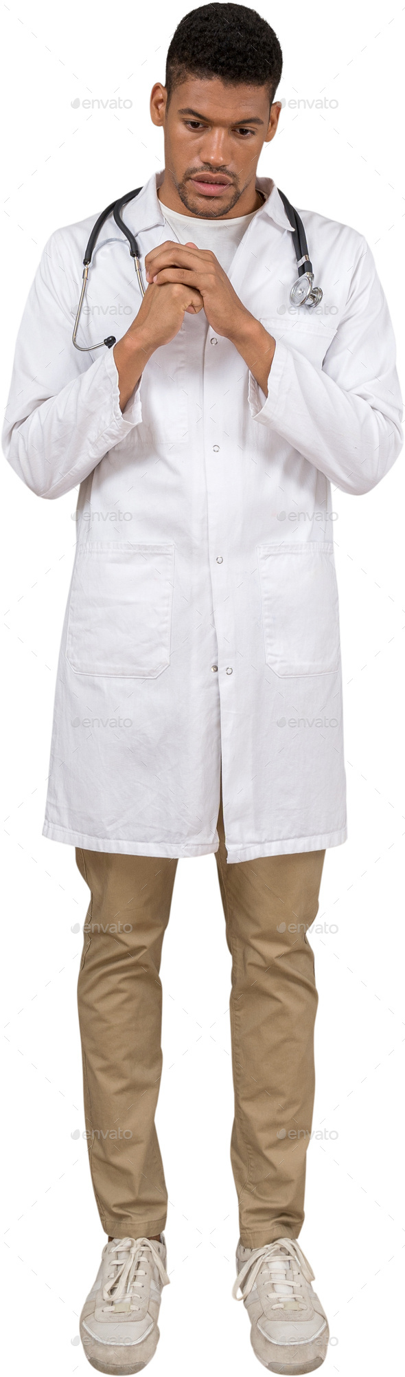 a man wearing a white lab coat and a stethoscope Stock Photo by Icons8