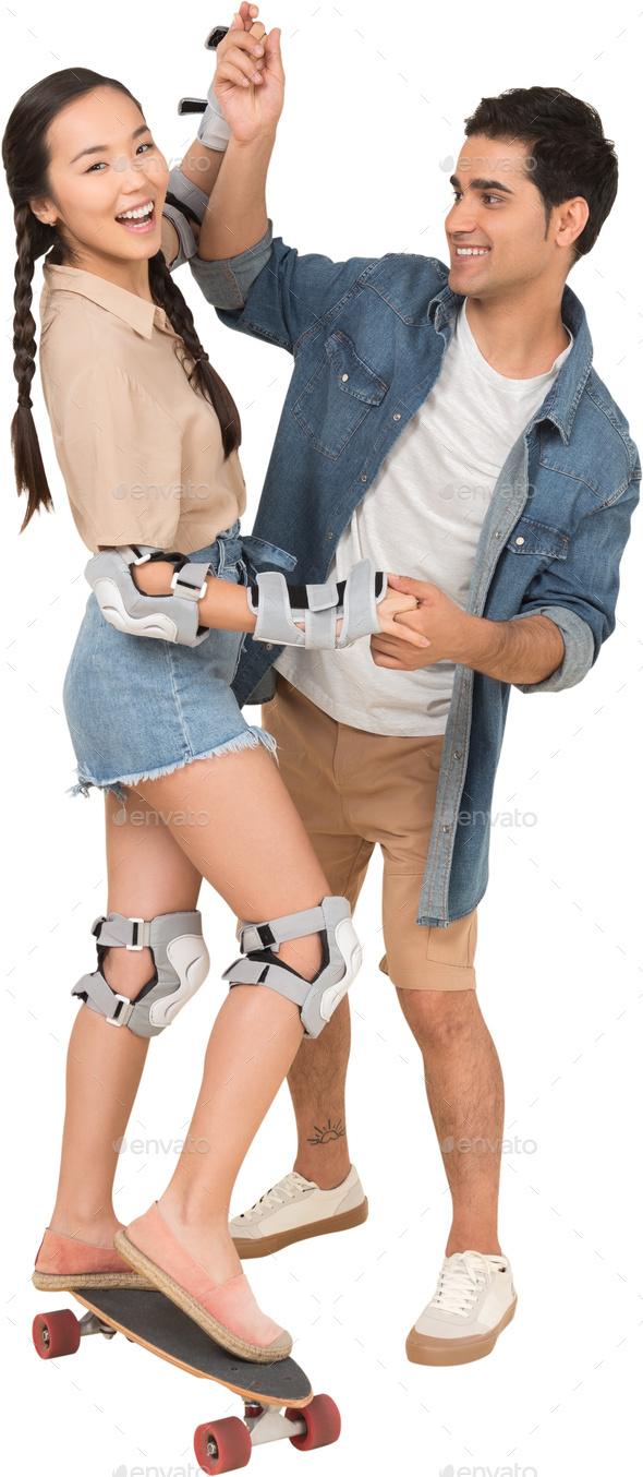 a man and a woman with knee pads on a skateboard