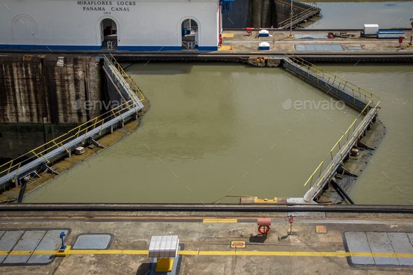 Full water at gates of Miraflores lock - entrance to the Panama Canal - Panama City, Panama - Stock Photo - Images