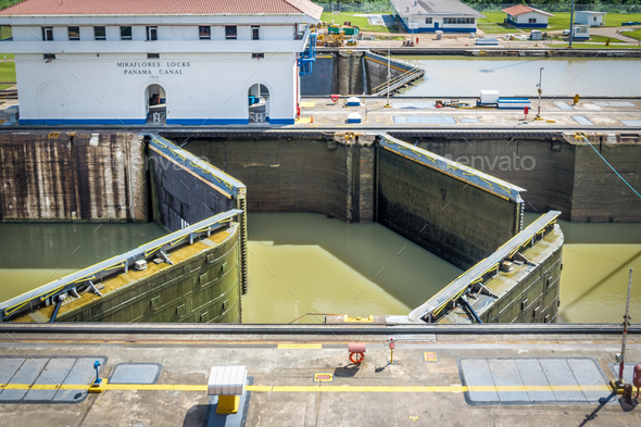 Opening gates at Miraflores lock - entrance to the Panama Canal - Panama City, Panama - Stock Photo - Images