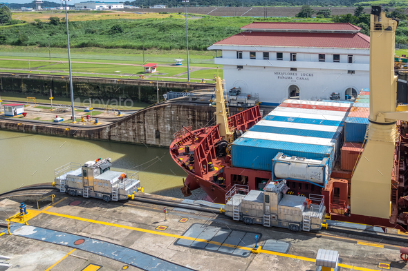 Cargo Ship crossing Panama Canal at Miraflores Locks - Panama City, Panama - Stock Photo - Images