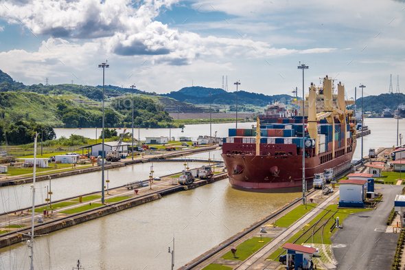Ship crossing Panama Canal at Miraflores Locks - Panama City, Panama - Stock Photo - Images