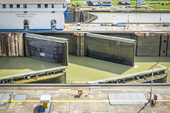 Opening gates at Miraflores lock - entrance to the Panama Canal - Panama City, Panama - Stock Photo - Images