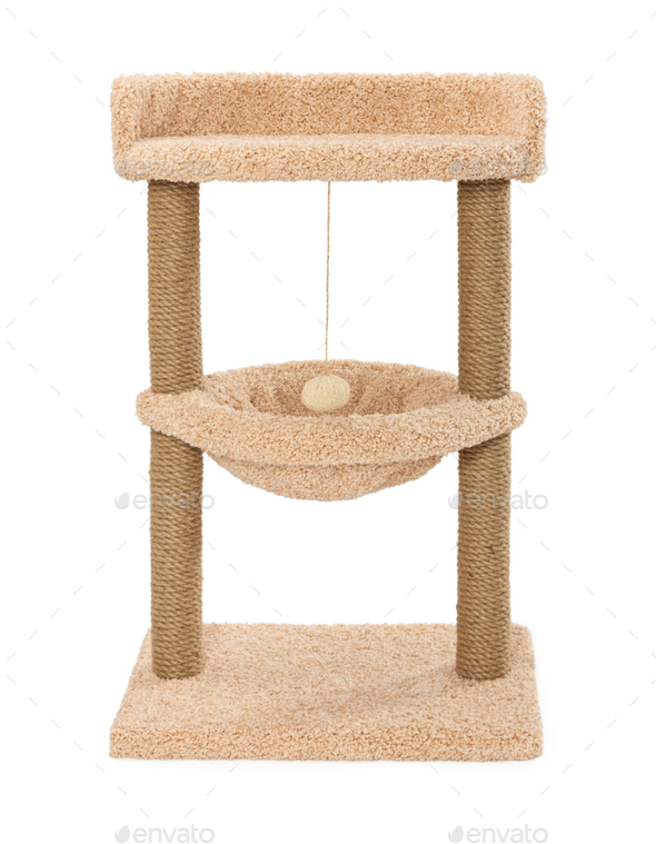 Cat scratching play complex with two poles isolated on white