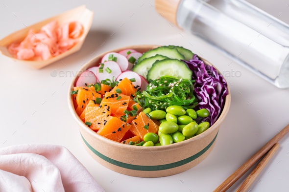 Vegan Poke bowl with Plant based salmon, wakame and edamame