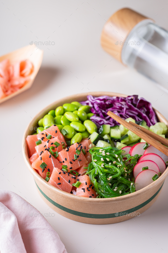 Vegan Poke bowl with Plant based tuna, wakame and edamame Stock Photo ...