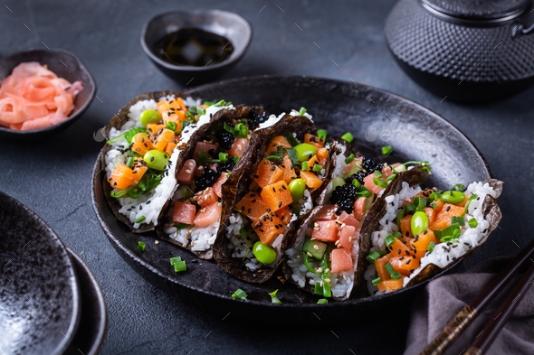 Vegan Sushi Tacos with Plant based salmon and tuna