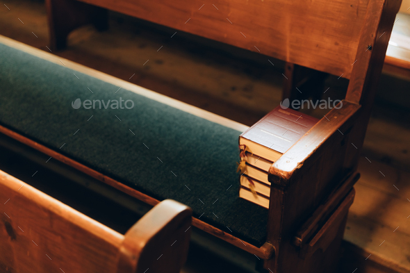 Bible books on the bench in a church free to use