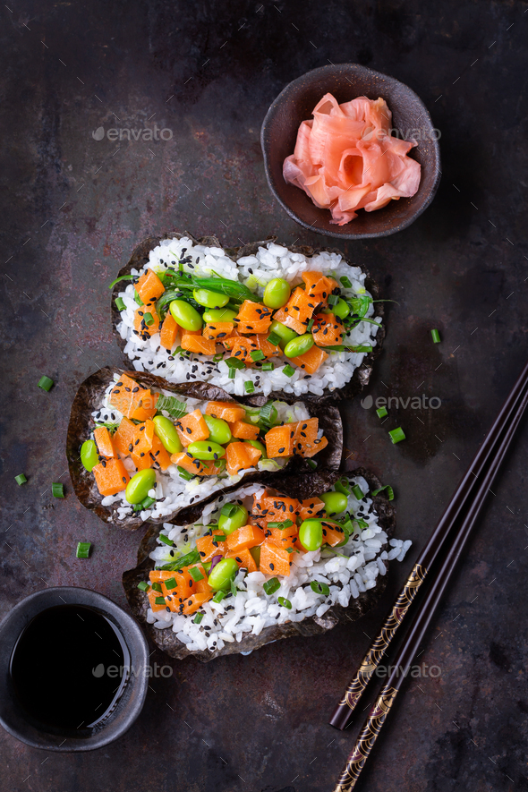 Vegan Sushi Tacos with Plant based salmon, wakame and edamame