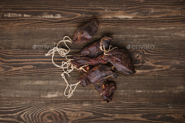 Overhead view of dried jerked deer or venison meat
