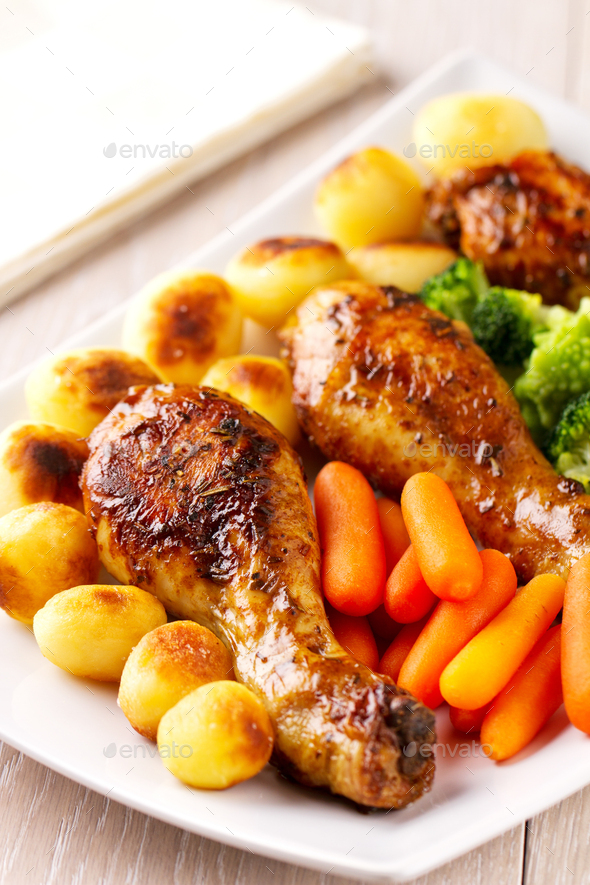 Roast Chicken Thighs with Potatoes, Carrots, Broccoli and Brussels