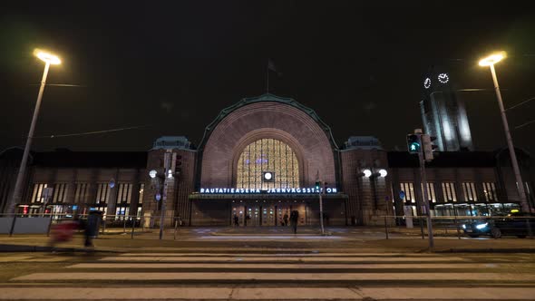 Timelapse of traffic near Central railway station in night Helsinki alt