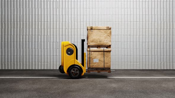 Seamless looping driverless car forklift robot lifting and moving pallets cardboard box to storage