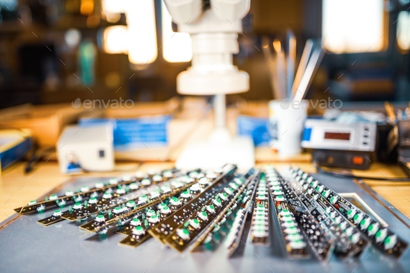 Modern microscope, Panel of LED light indicators is in the production ...