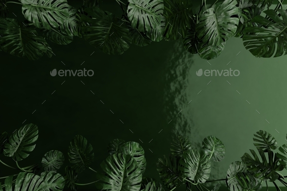 Jungle background, Top view of tropical leaves on green water backdrop. 3d render - Stock Photo - Images