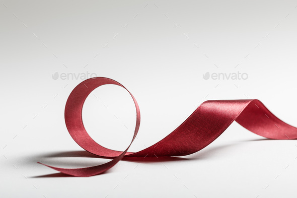 Close Silk Burgundy Red Ribbons Red Background Stock Photo by